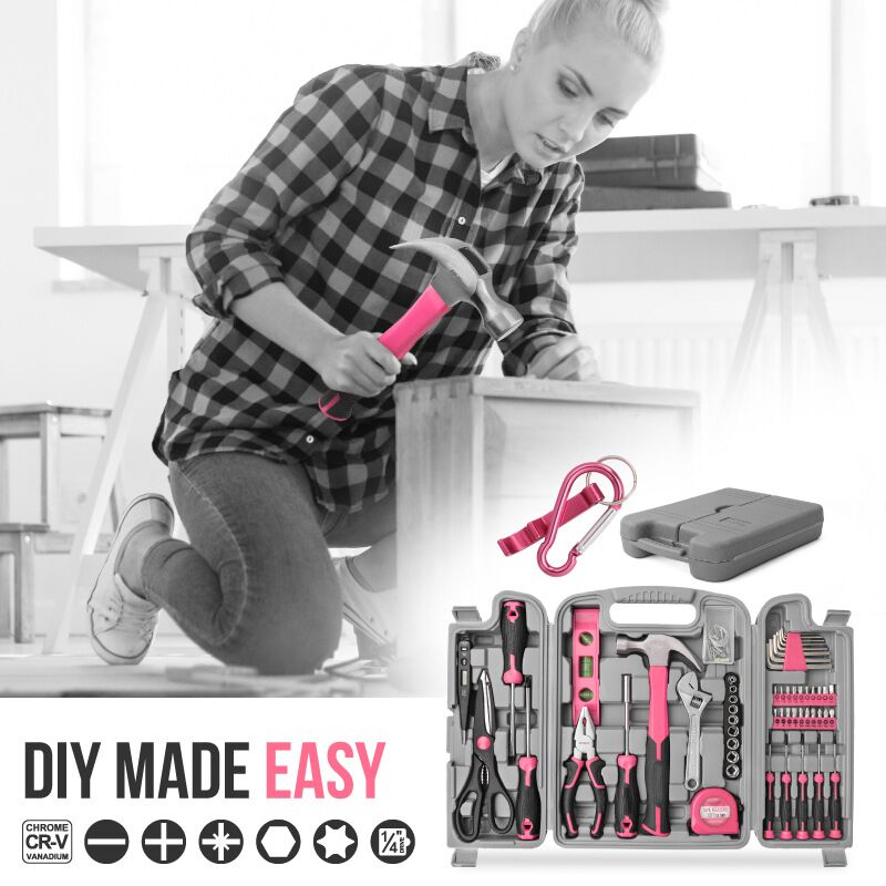 56-delige roze gereedschapsset voor thuis Basic handgereedschapskist reparaties complete gereedschapsset voor dames